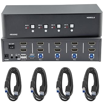 KVM Switch 2 Monitors 4 Computers,HDMI 4k@60Hz KVM Switch with 4 USB 3.0 Port and 3.5mm Audio,4 Computers Share One Set of Leyboard, Mouse and Monitors,Supports Windows/Mac/Linux, Plug-and-Play