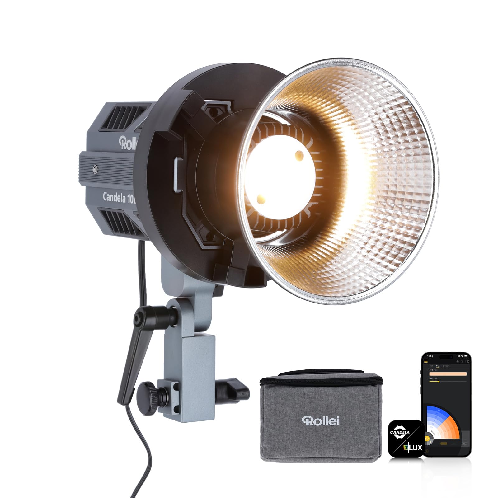 Rollei Candela 100 Bi Color Led Videolicht 100W 2700K~6500K Stufenlose Helligkeitsregulierung Dauerlicht Fotografie Ultrakompakt&Leicht 800g APP Smarte Bedienung, Videolicht-Fotolicht-Video-Light-LED
