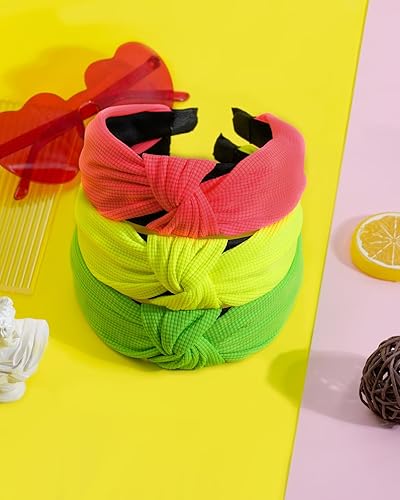 Miniatura 2 de Ronglry 3 diademas de neón de los años 80 y 90, accesorios de atuendo para mujer, diadema elástica retro anudada para mujer, accesorios para el