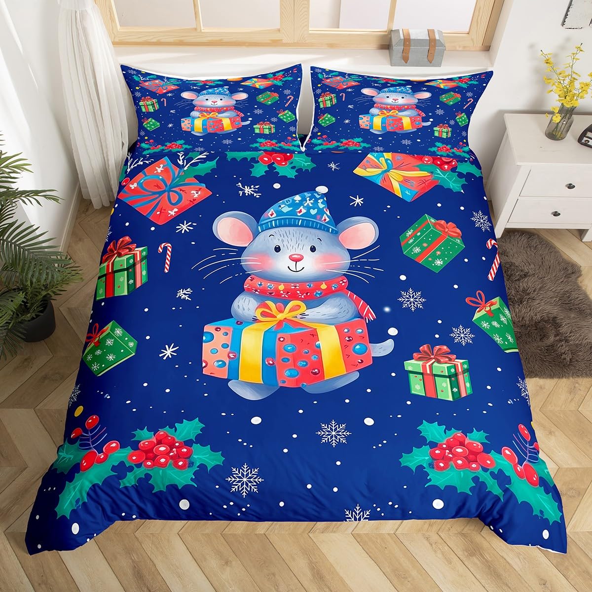 Cartoon Mouse Duvet Cover Set Toddler,Xmas Animal Bedding Set Kids Girls Boys Teens Room Decor,Snowflake Polka Dot Green Leaves Comforter Cover 2Pcs,Merry Christmas Blue Bedspreads Cover,1 Pillowcase