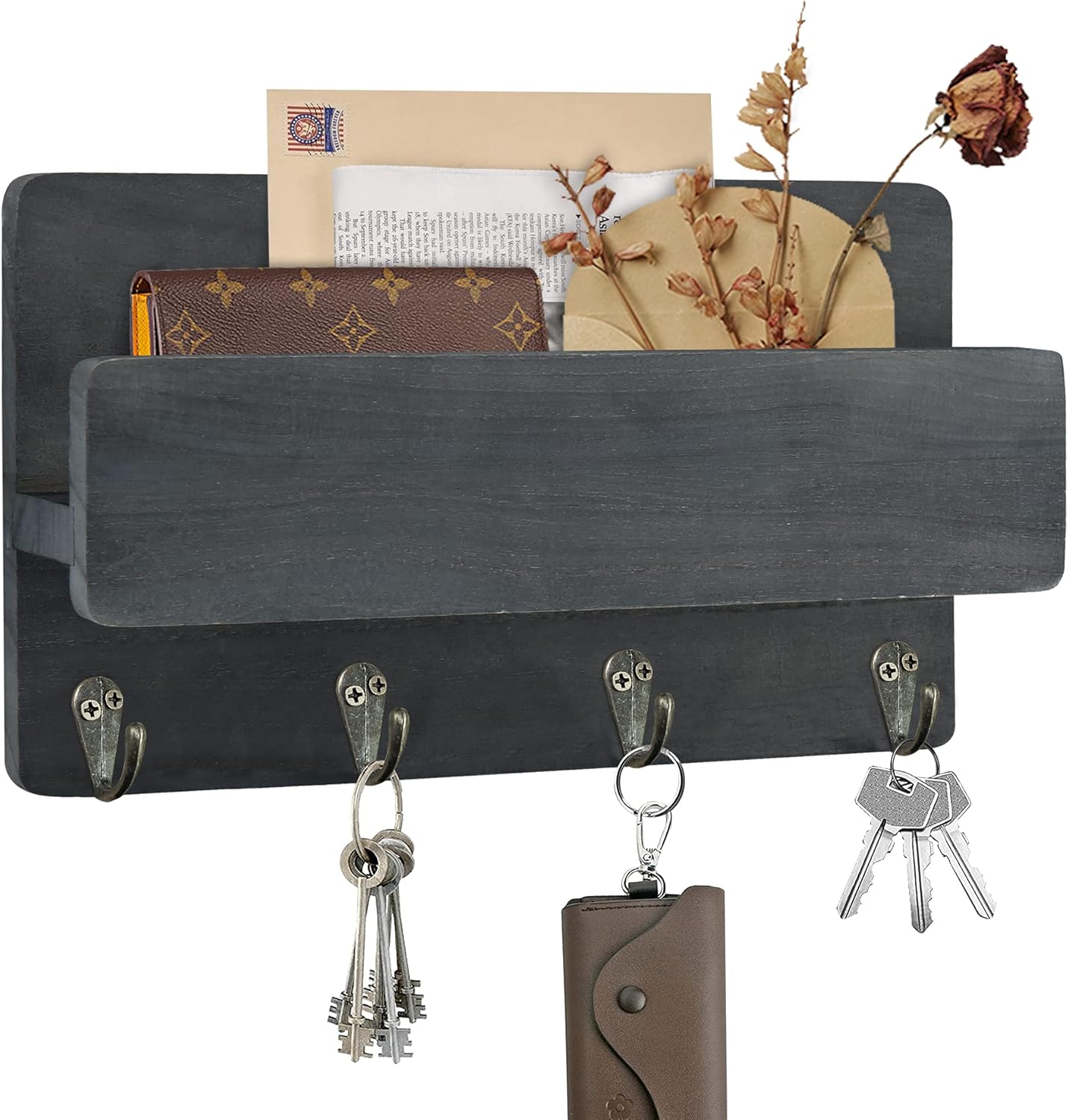 Wall Mounted Key Holder and Mail Organizer with Shelf and Hooks in