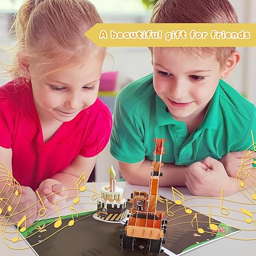 Miniatura 3 de DTESL Tarjeta de felicitación 3D con luz y música, tarjeta de camión grúa para niño, sobrino, nieto, hijo, niño pequeño, con sobre, tarjeta de