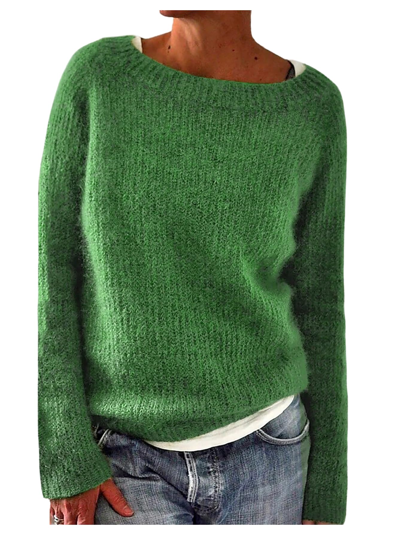 WDIRARA Womens Boat Neck Sweater Long Sleeve Knitted Pullover Fall Tops
