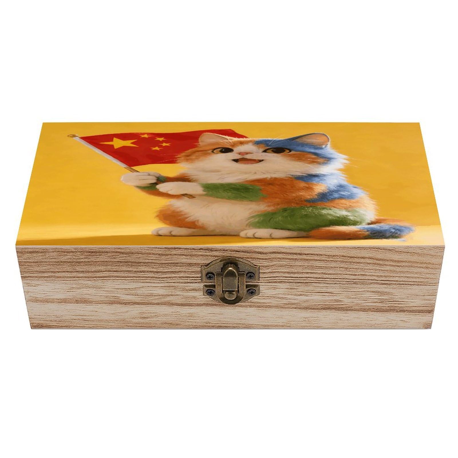 LZQPOEAS Colorful Cat And National Flag Wooden Keepsake Box Wooden Storage Box Container with Hinged Lid Beautiful Wood Memory Box Decorative Jewelry Case for Crafts Art Hobbies & Trinket Storage