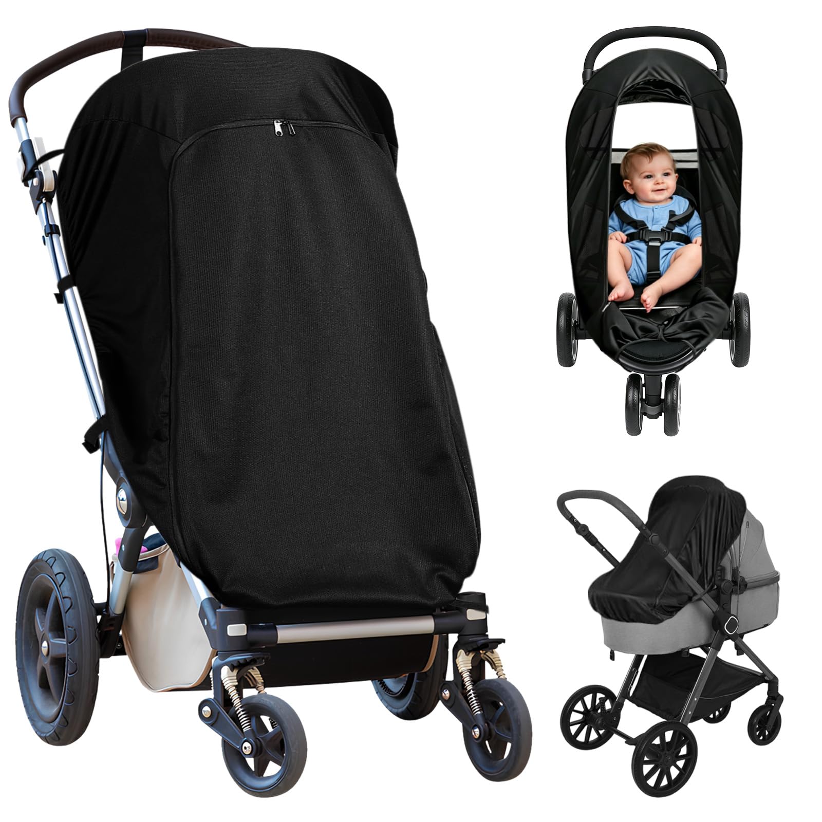 FEMONGY Universal Pram Sun Shade, Breathable Sun Shade for Pram with Zip Window, Pram Shade Cover Blocks 99% UV UPF50+ Blackout Blind Pushchair Sun Shade Cover, Black
