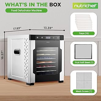 NutriChef Electric Countertop Food Dehydrator -900-Watt Premium Multi-Tier Meat Beef Jerky Maker Fruit/Vegetable Dryer w/10 Shelf Stainless Steel Trays,Digital Timer,Temperature Control-NCFD10S