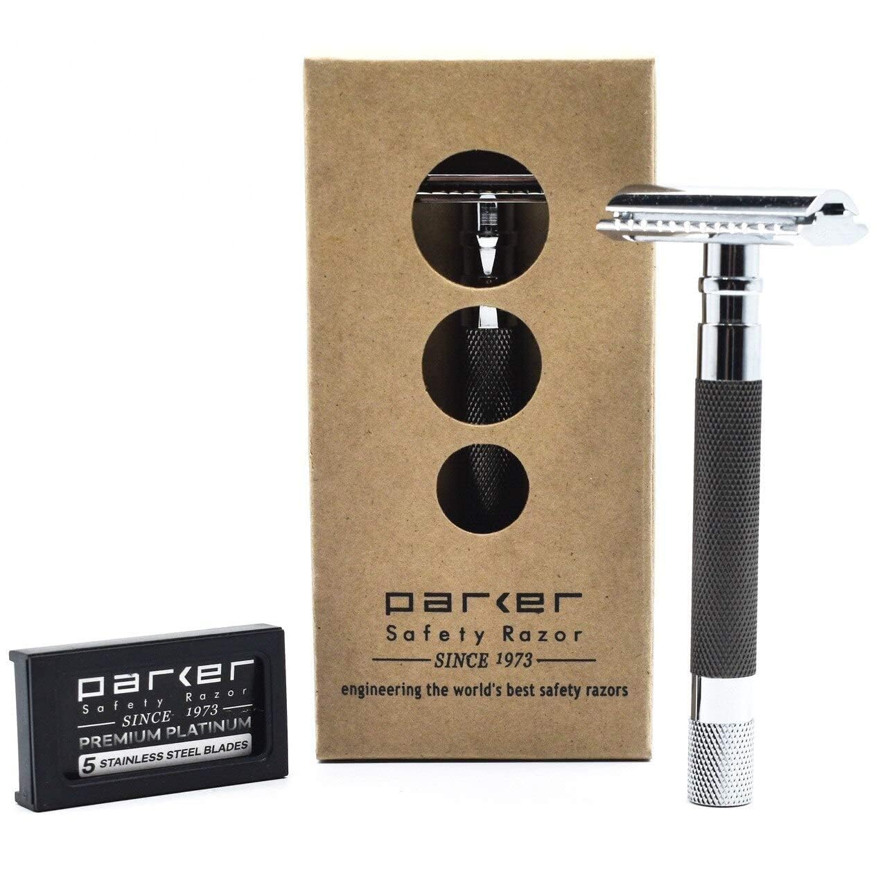 Parker 56R Heavyweight Double Edge Safety Razor with 5 Parker Premium Platinum Stainless Steel Razor Blades – Classic 3 Piece Design (Graphite)