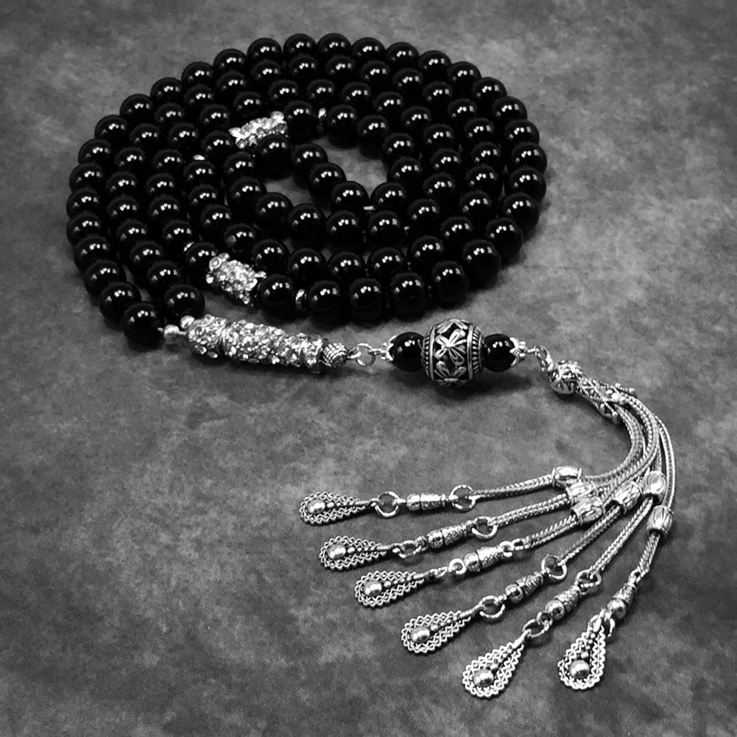 Special Prayer Beads Series -99 beads- Tesbih Tasbih Tasbeeh Misbaha Masbaha Subha Sebha Sibha (Black Glass -10 mm 99 Big Beads- & Zircon Stone Design)