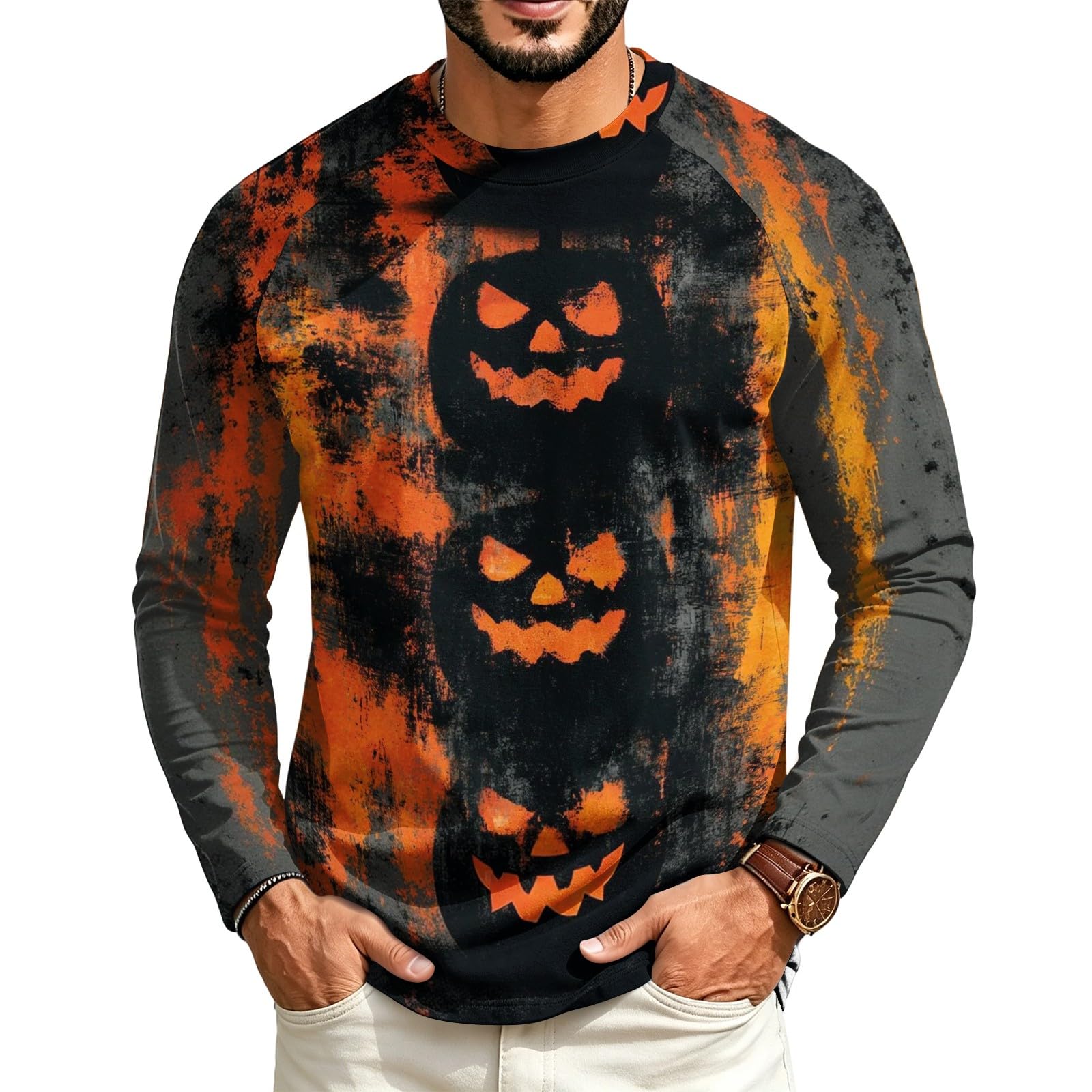 Halloween Crew Neck Shirts Costumes for Men Long Sleeve Fit Pumpkin Ghosts Print Casual Fashion Tops 2026,02-Saffron L — image 1