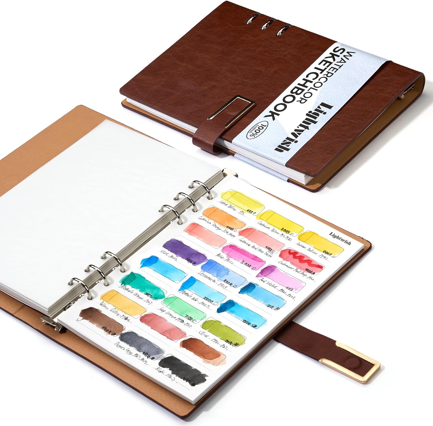 Lightwish Watercolor Swatch Book – 20 Detachable 100% Cotton Sheets 24 Spaces,5.8 * 8.2 in,300gsm/140lb Hot Press for Watercolor, Gouache, Oil Pastels – Loose-Leaf Binder Color Testing Journal