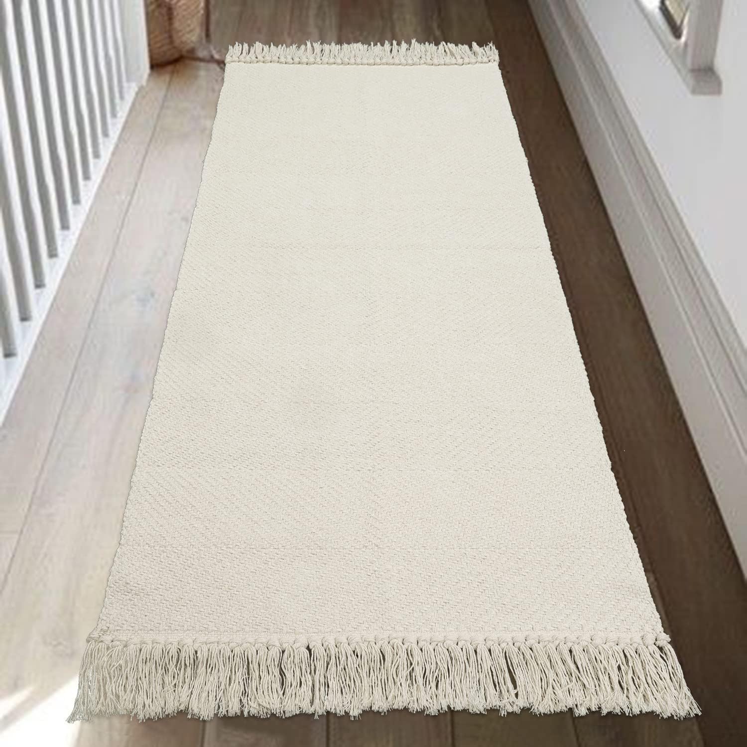 Collive Kitchen Runner Rug, 2' x 4.3' Hand-Woven Reversible Washable Rug, White/Beige Cotton Modern Farmhouse Bathroom Rug Hallway Carpet for Foyer Bedroom Entry Back Door Decor