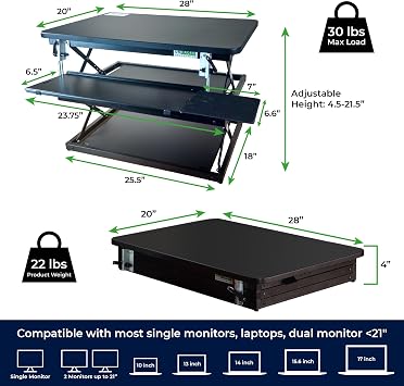 CHANGEdesk Tall Ergonomic Standing Desk Converter for Laptops Single Monitors Adjustable Height Desktop Sit Stand-up Riser with Keyboard Tray Affordable Compact Small Computer Workstation Black