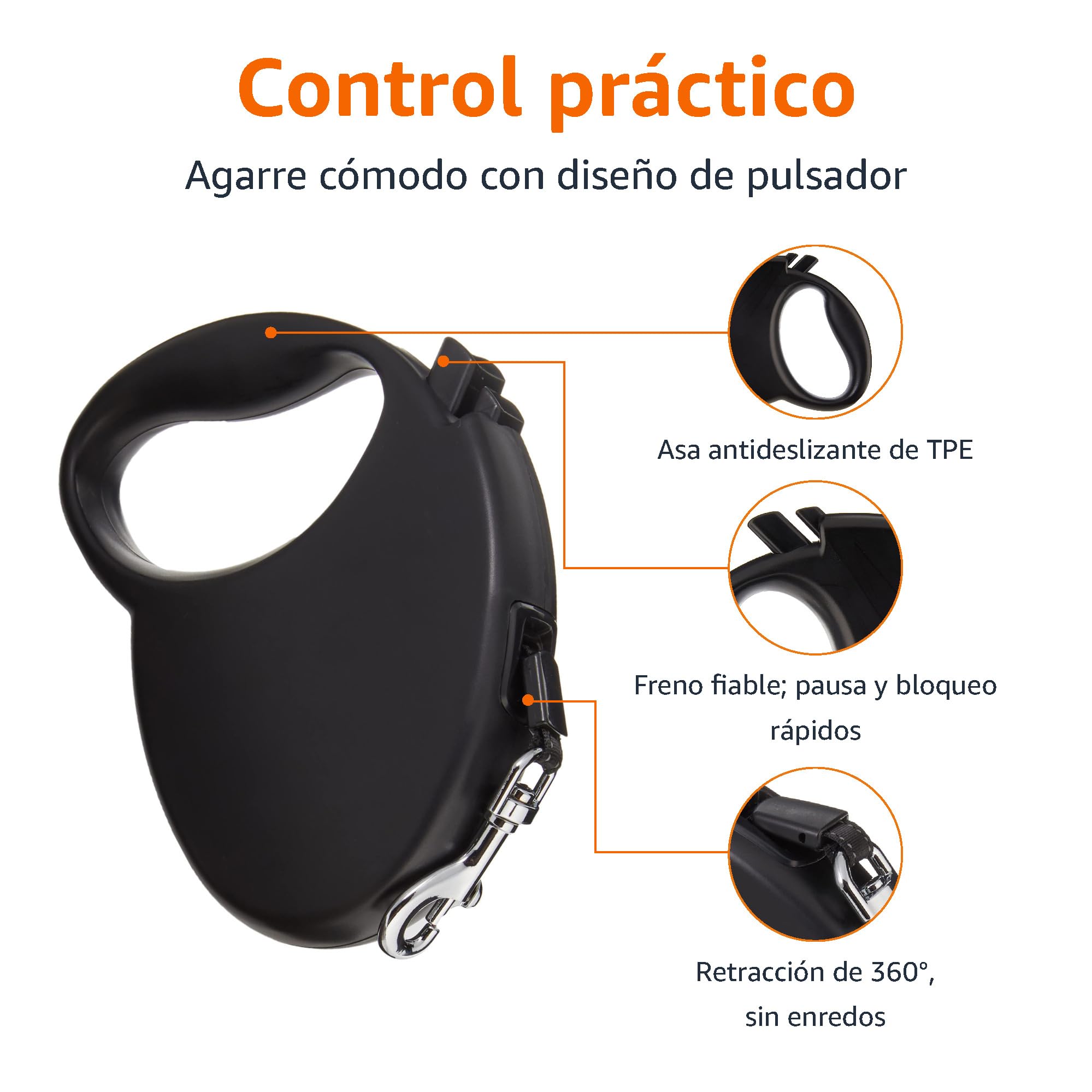Amazon Basics Correa retráctil para perro, longitud extensible de 5 m, mediana (para perros de hasta 50 kg, color negro)