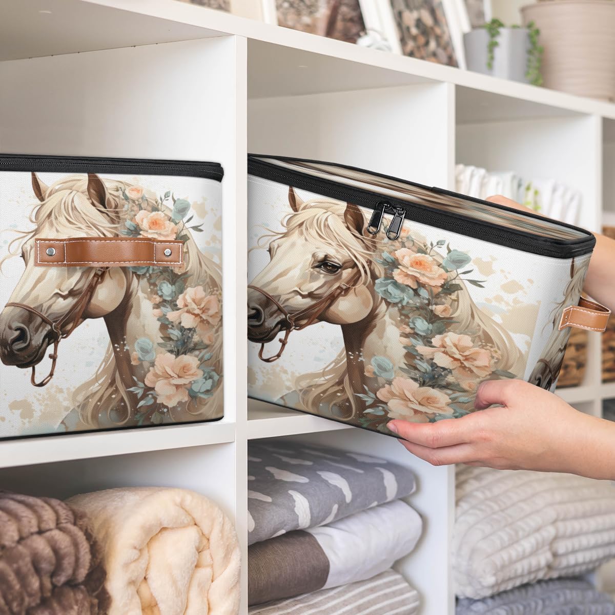 Storage Bin Set of 2 Horse Floral Storage Basket with Zipper Lid & Handle Foldable Closet Shelf 2 Pack Cloth Organizer Basket Cube Bins Clothes Organizer for Bedroom, Nursery