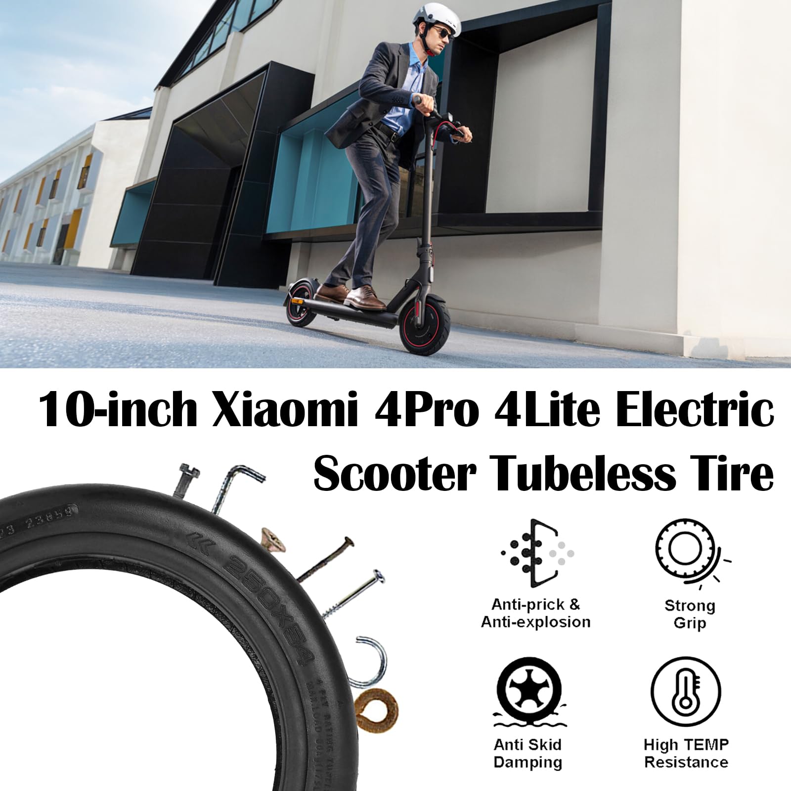 2 Pezzi 250 * 54 Pneumatico Tubeless da 10 Pollici per Xiaomi 4Pro/4Lite Monopattino Elettrico, Pneumatici Tubeless Ispessiti Antideflagranti Ruote di Ricambio per Mi4 Pro Scooter Elettrico