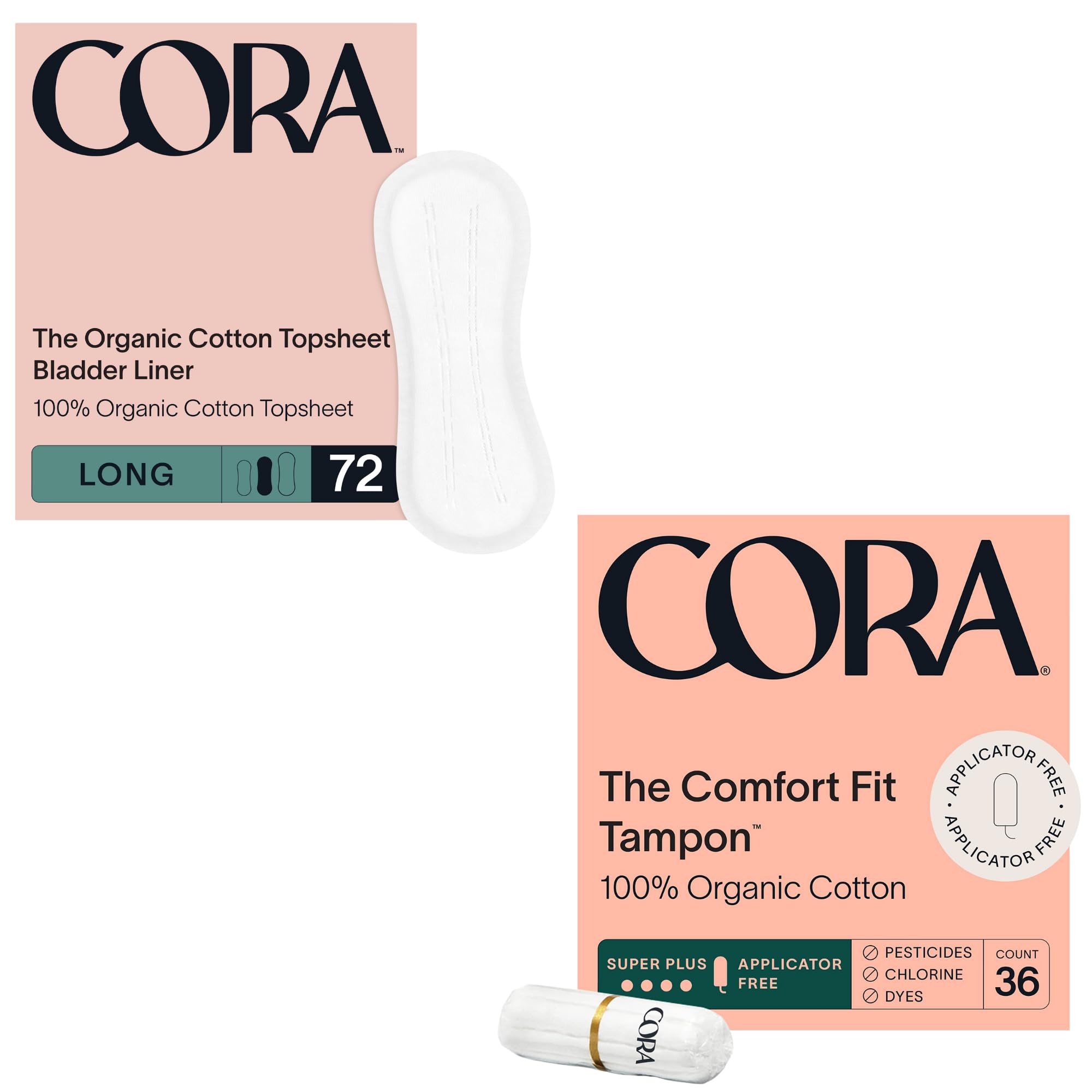 Cora Organic Feminine Care 72 Long Bladder Liners Incontinence Postpartum Pads and 36S Non-Applicator Tampon Pack Ultra-Absorbent Unscented