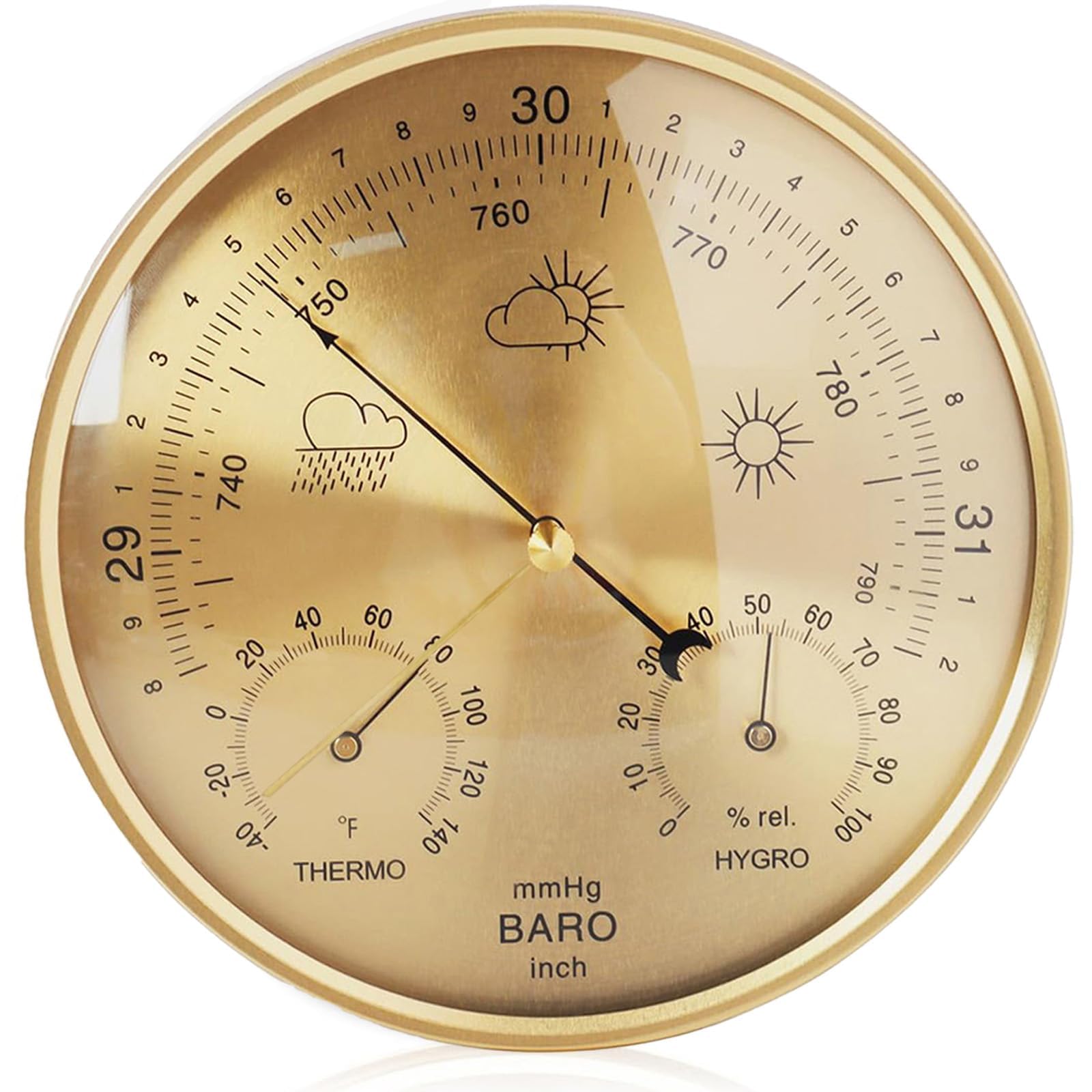 3 w 1 analogowa stacja pogodowa, barometr, termometr, higrometr, wiszący na ścianie monitor klimatu do użytku wewnątrz i na zewnątrz, do domu, ogrodu, szklarni, biura, mosiężna rama i szklana pokryw