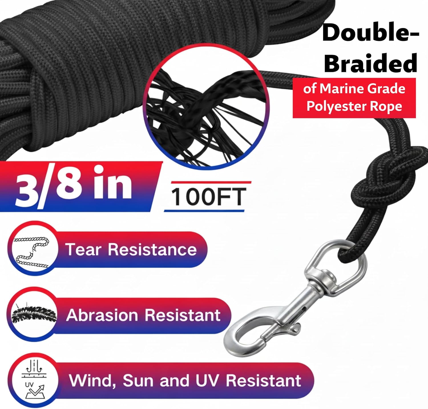 3/8”100Ft Flag Pole Rope Kit, Polyester Halyard Flag Rope with 2 Pcs 3.5”Stainless Steel Swivel Snap Hooks & Adjust Length Flag Pole Retainer Ring, Marine Grade Flag Pole Accessories Replacement Kit