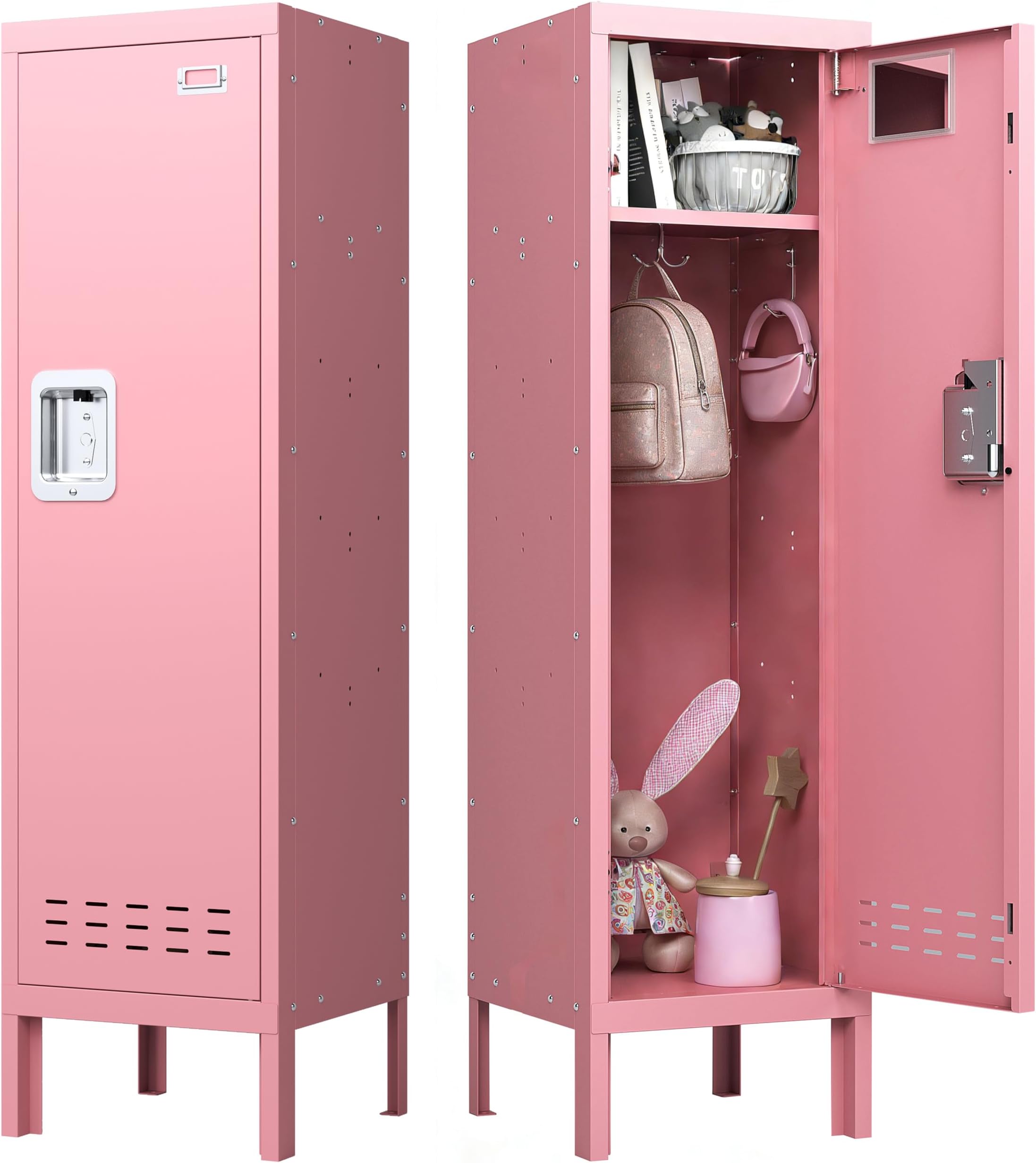 BUTISOW Metal Storage Locker with Lock & Card Slot Locker - Secure Lockable Door - Steel Locker for School, Office, Gym, Home - 54" H x 15" W x 15" D（1 Door, Pink）