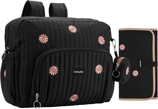 GOBABYMART Diaper Bag Backpack with Changing Pad - Travel Baby Bag, Insulated Bottle Pockets, Stroller Straps Medium - Black Flowers