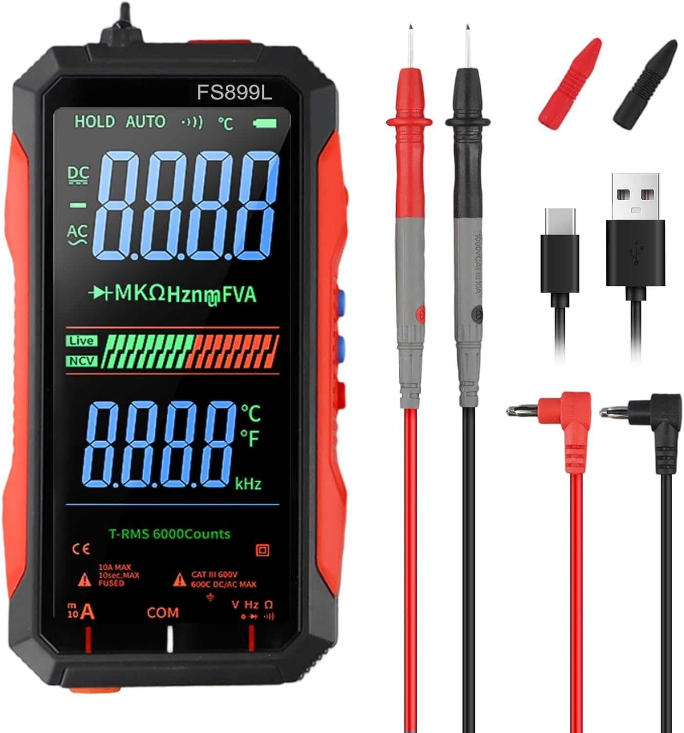 Digital Multimeter with USB Charging Capability Digital Multimeter Fully Automatic Digital-Display FS899L Color Screen for Accurate Electrical Measurements Including Voltage Current Readings(FS899L)