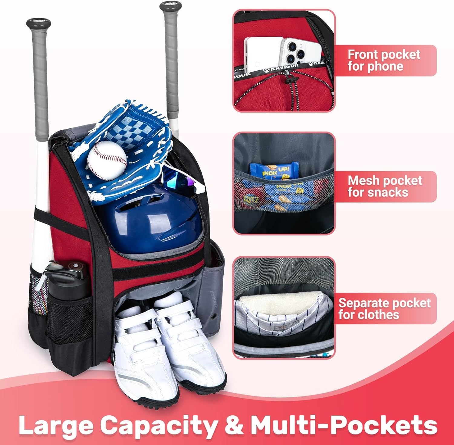 KAVIGOR Youth Baseball Bag, Softball Bag for Girls & Boys, Kids Tball Backpack with Shoes Compartment
