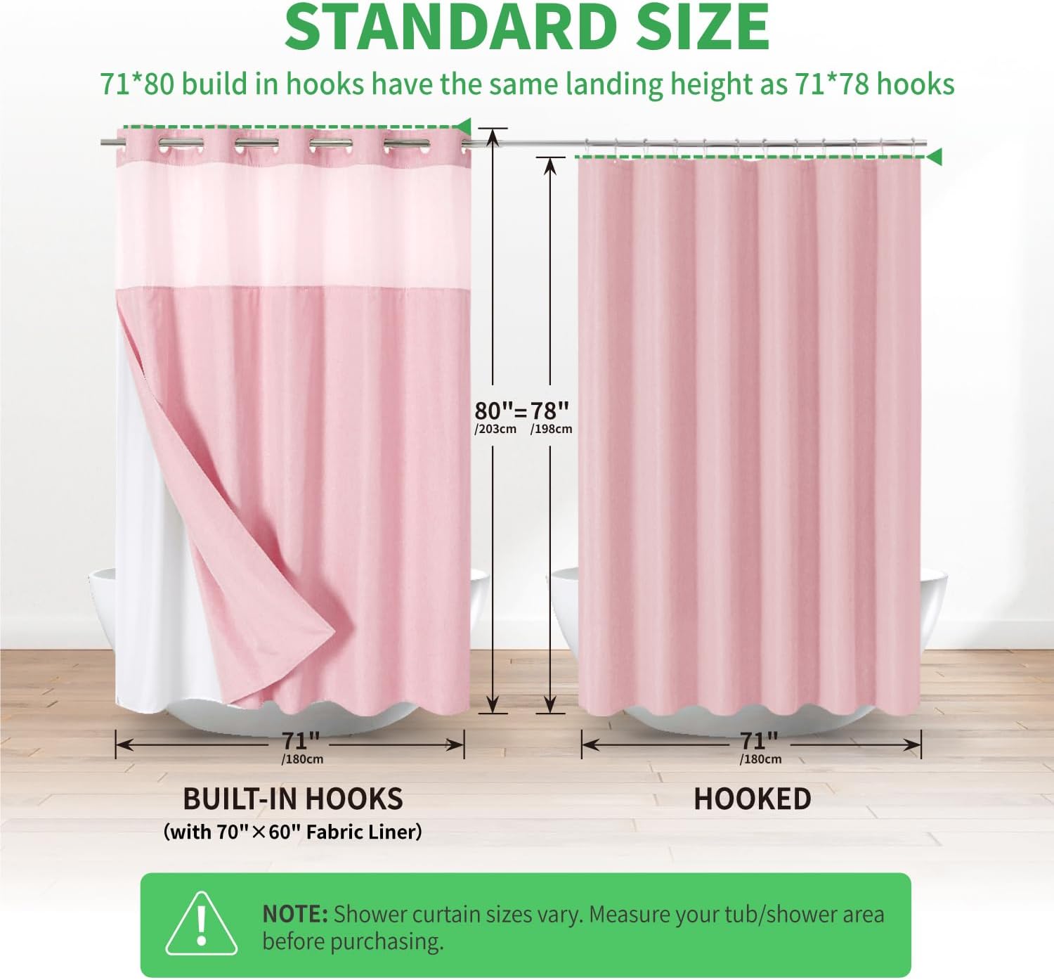Long No Hooks Needed Linen Textured Shower Curtain with Snap-in Fabric Liner Set,Hotel Luxury Decor Shower Curtains for Bathroom,Waterproof & Washable,71Wx80H,Pink