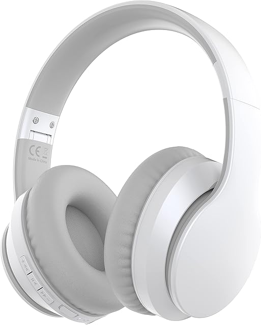 Rockpapa E7 Wireless Headphones Over Ear, Kids Bluetooth Headphones with Microphone, Foldable Hi-Fi Stereo, Wireless Wired Headphones for Phone/PC/TV, Include Travel Case, White Grey