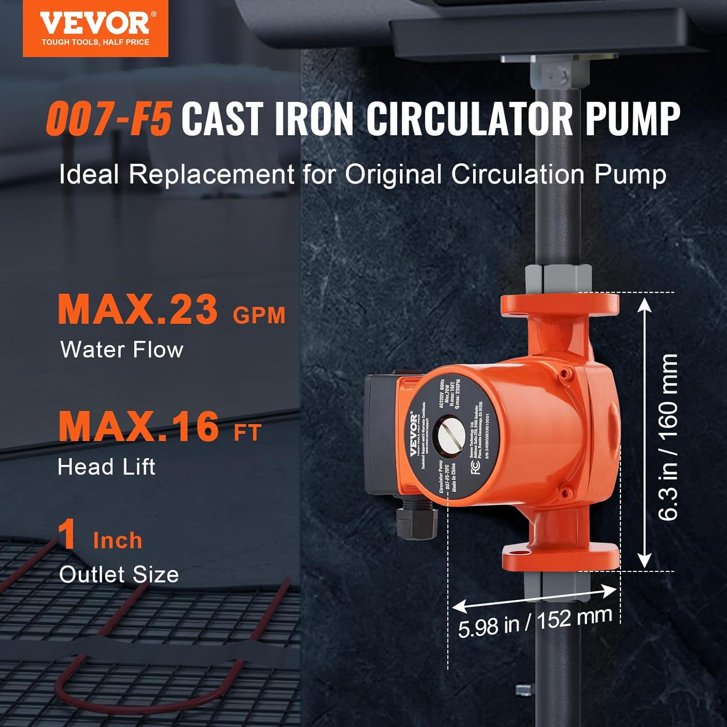 VEVOR 007-F5-7IFC 23 GPM Cast Iron Circulation Pump, 1" NPT Flange 3-Speed Hot Water Recirculating Pump, Quiet Operation Circulator Pump for Floor Heating/Home Water heater System
