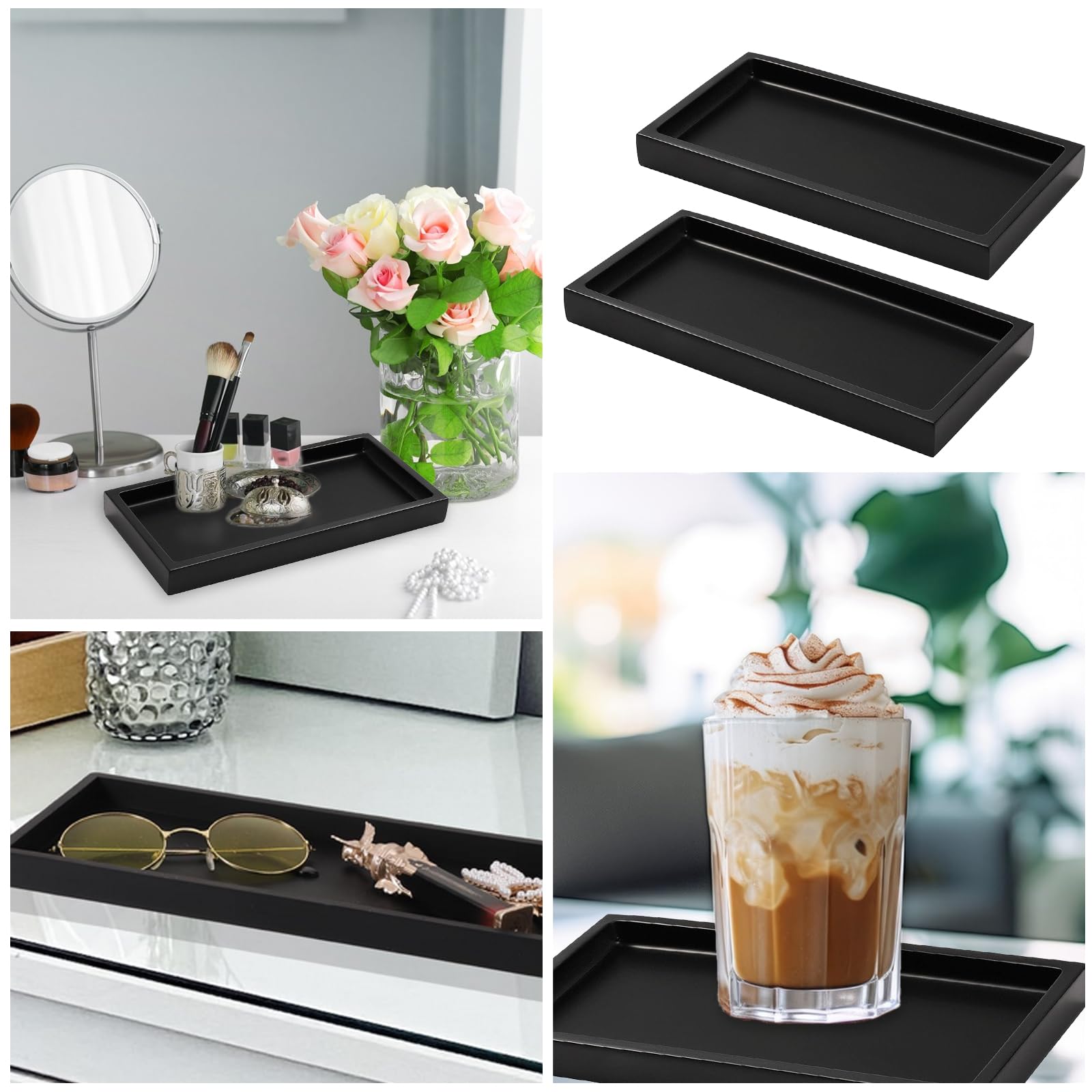 Badezimmer Tablett, 2 Stück Badezimmertablett, Badezimmer Tabletts für das Bad, Schminktisch Tablett Organizer Seifen Spender Platte für Bade Zimmer Arbeitsplatte Kommode(Schwarz) Küche, Haushalt & Wohnen