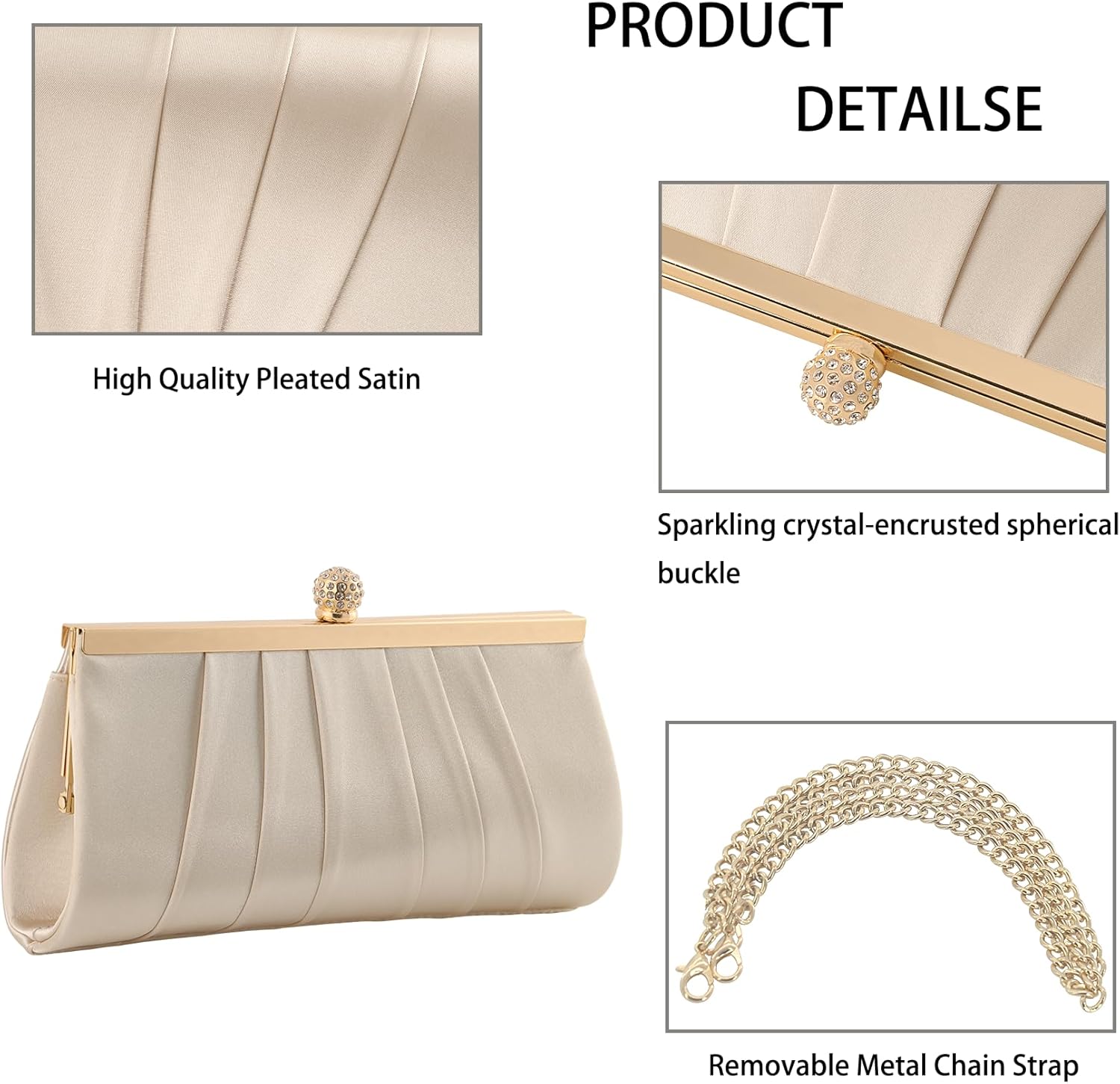 MOJISOLO Women's Evening Clutch Bag with Sparkling Crystal Buckle, Pleated Satin, Detachable Chain Strap for Wedding