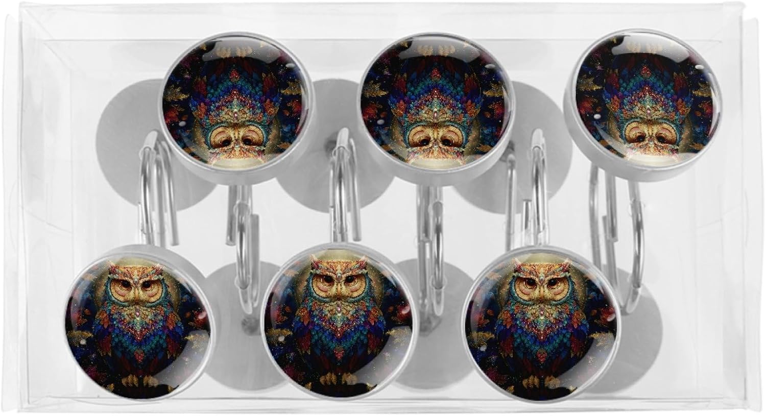 12 Packs Colorful Owl and Leaves Shower Curtain Hooks, Stainless Steel Glass Shower Curtain Rings for Bathroom Decor, Metal Rustproof Curtain Rod Hooks