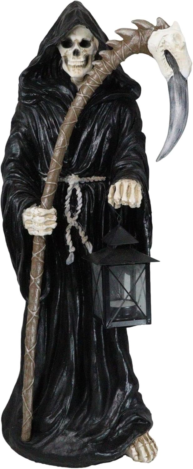 Ebros Large 23.5" Tall Memento Mori Time Waits for No Man Grim Reaper Holding Scythe and Glass Lantern Case for Votive Candle Statue Deadly Wraith Harvesting Lost Souls Halloween Patio Decor