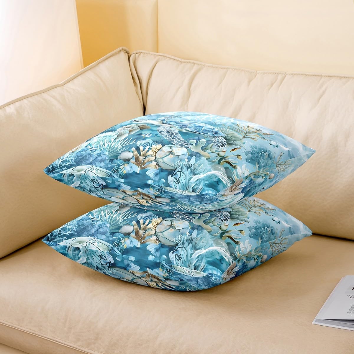 Feelyou Sea Turtle Throw Pillow Covers 24"x24" Set of 2 Summer Theme Decorative Pillowcase for Sofa Couch Ocean Marine Themed Cushion Cover Underwater Animal Outdoor Pillows Covers Reptile Tortoise
