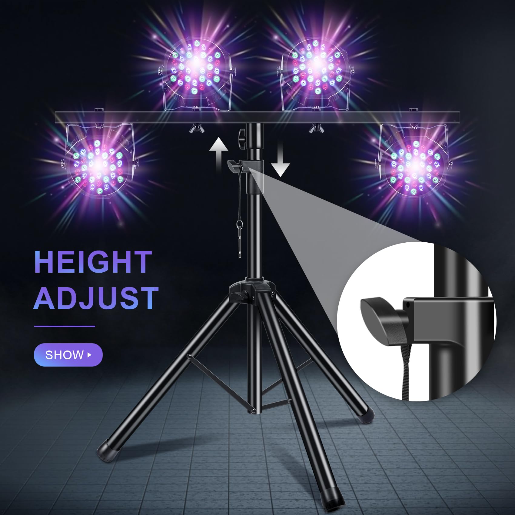Lot de 2 trépieds lumineux avec traverse - Hauteur réglable de 1 à 2,5 m - Pour éclairage de scène et de concert, jusqu'à 4 lampes DJ