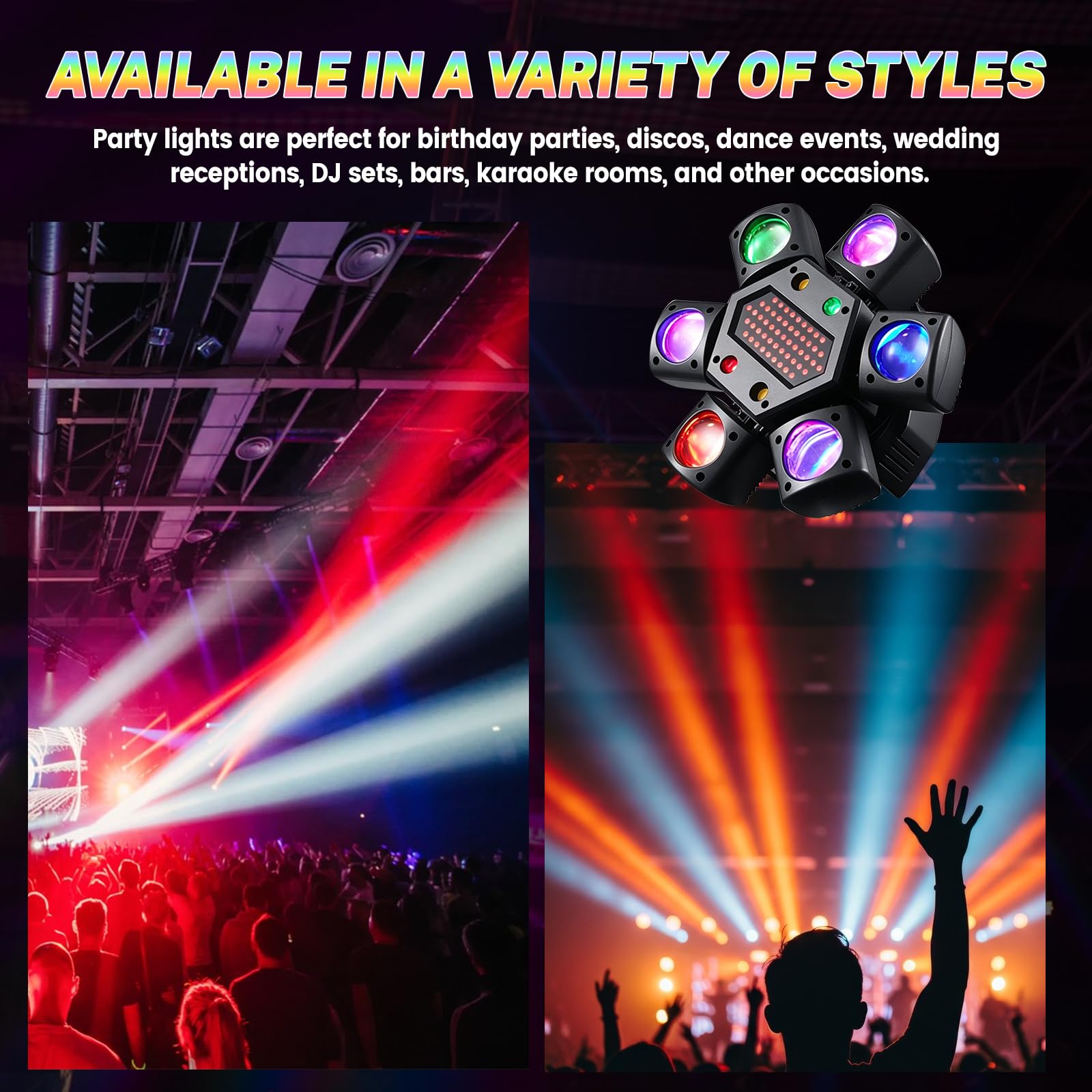 80 W Moving Head DJ Effet lumineux avec télécommande et contrôle de la musique Lumière stroboscopique avec 6 bras d'éclairage, 4 modes de fonctionnement, éclairage de scène pour fêtes, spectacles