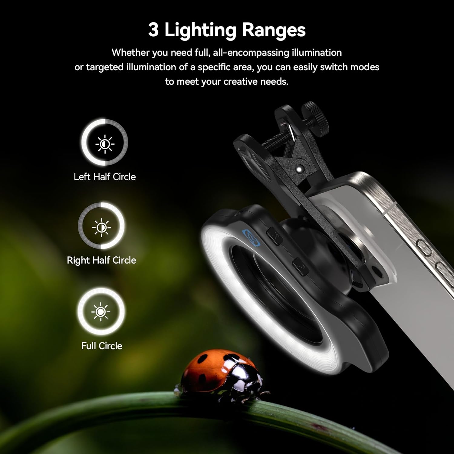 APEXEL Macro Lens with 52/37 mm Fill Light 32 LED/CRI 95+/45 Light Modes for Dual Lens/Single Lens iPhone,Pixel,Samsung Galaxy Smartphones