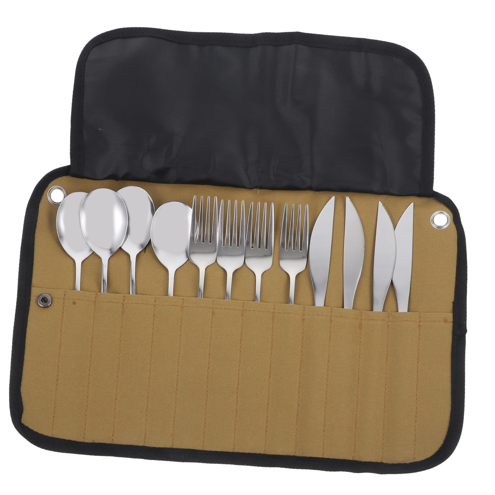 Campingbesteck Satz 1 Satz aus Edelstahl mit Nylon Rolltasche | Silber, Leicht und Tragbar, für Camping und Wandern, Kompaktes Outdoor Zubehör für Unterwegs