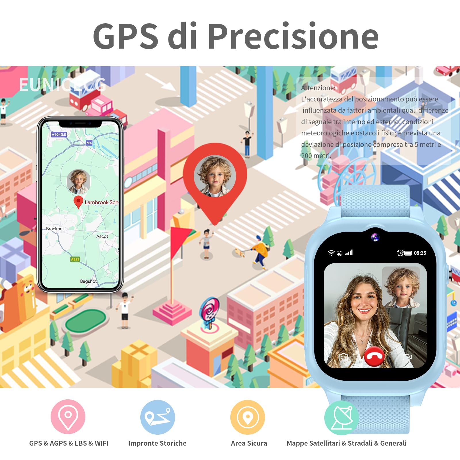 4G Smartwatch Bambini Orologio Bambino Bambina Localizzatore GPS Telefono SOS Videochiamata Contapassi Sveglia HD Fotocamera Impermeabile Digitale Regalo