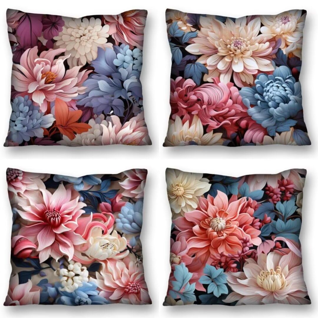 Juego de 4 Fundas de Cojines 70x70 cm Cojines floración flor Funda Cojin Cuadrados de Lino Fundas Cojines Sofá Cojines Decorativos para Salón Sofá Dormitorio Coche Jardín Silla Decoración del Hogar