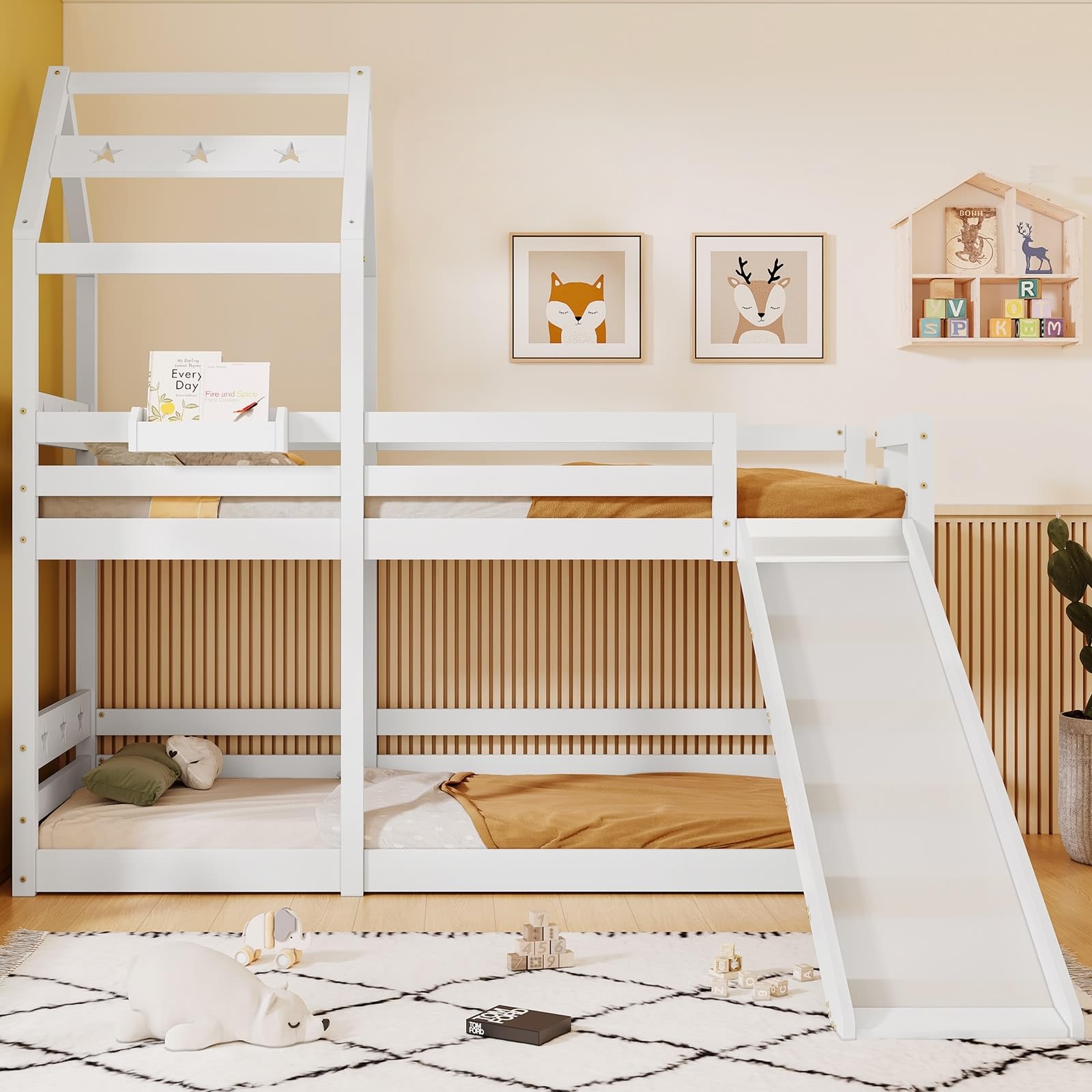 Weiß Kinderbett 90 X 200 cm Baumhaus Mit Rutsche Und Leiter, Hochbett Für Kinder– 2X Lattenrost