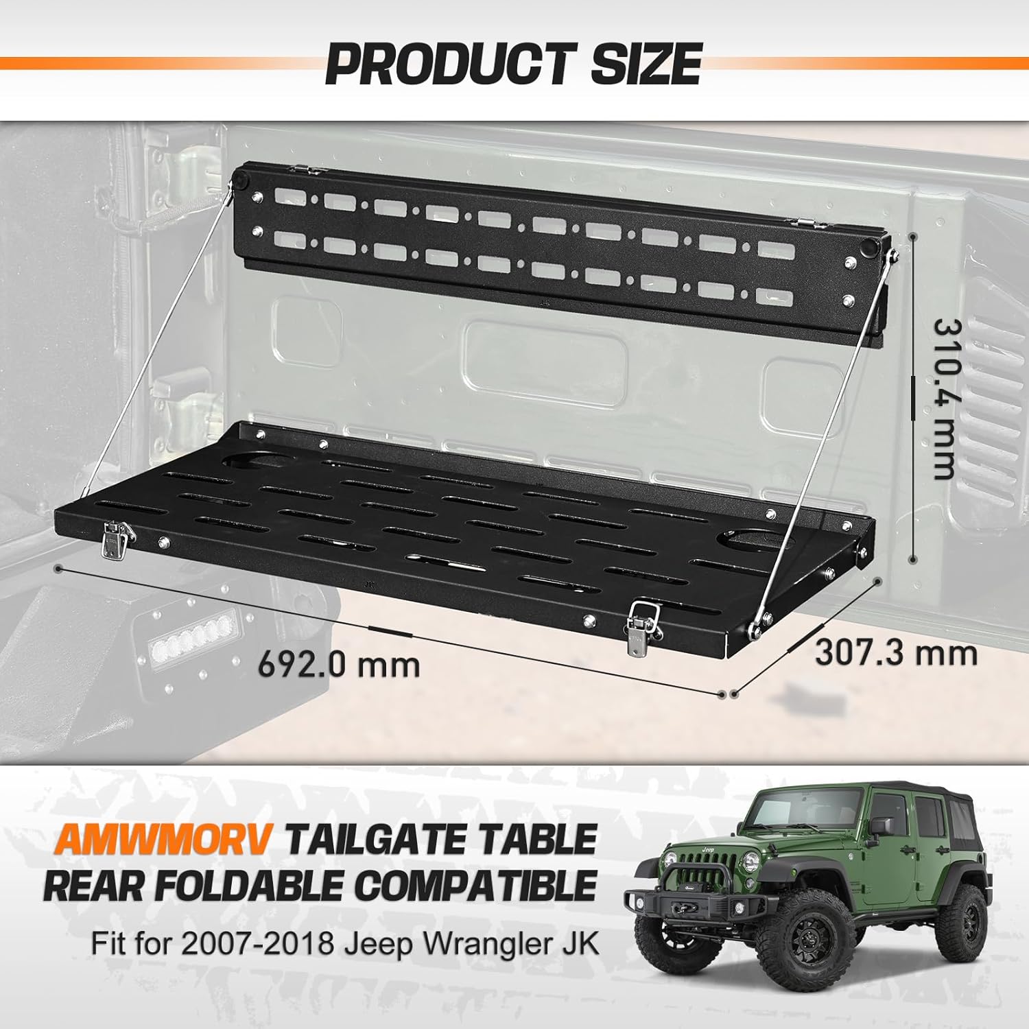 Rear Door Foldable Storage Cargo Rack Tailgate Table Compatible with 2007-2018 Jeep Wrangler JK 2&4 Door(Excludes JL & JT),Heavy-Duty Single-Layer Foldable| No Drilling| Water Drainage
