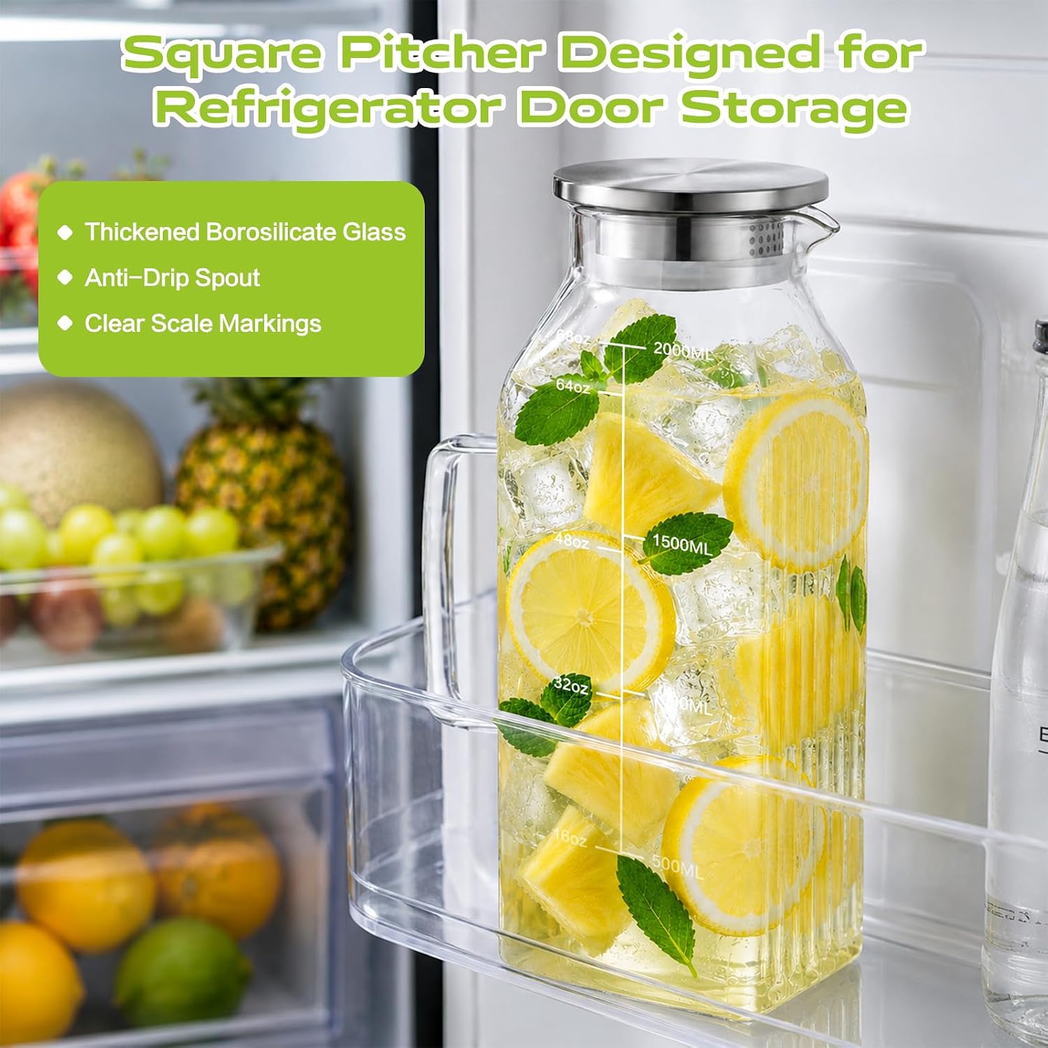 Aofmee Glass Pitcher with Lid, 68oz Square Iced Tea Pitcher for Fridge