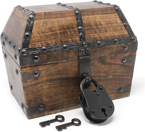 Nautical Cove Cofre del tesoro pirata angular hecho de madera maciza con remaches decorativos (pequeño 8 x 5 x 6)  Cerradura de hierro y llaves de