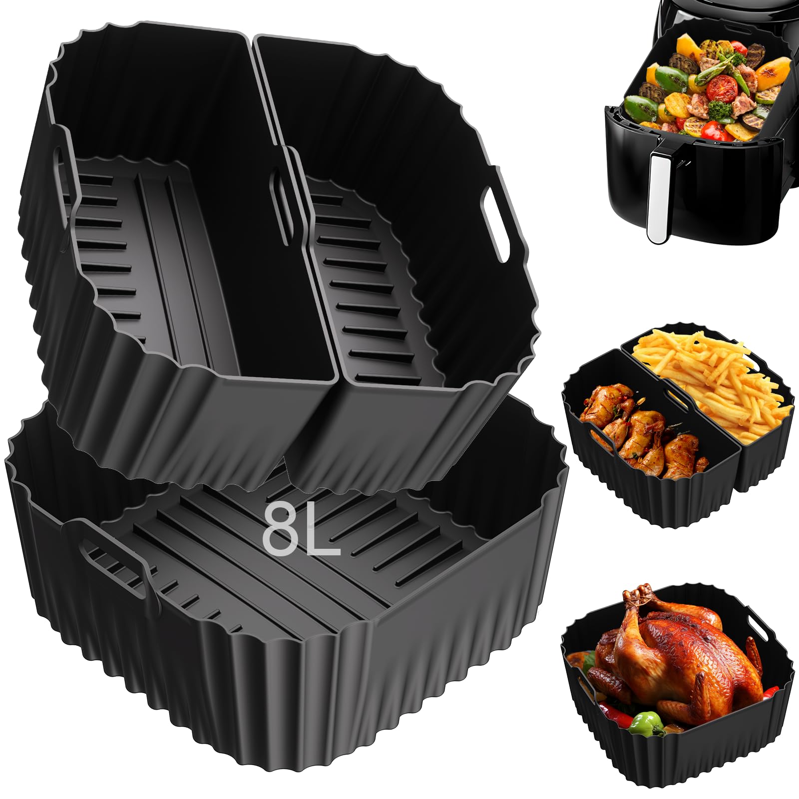 Silicone Air Fryer Mould for Russell Hobbs XXL 8 L/8.3 L, 3 Pieces Reusable Square Containers Airfryer Accessoire Basket Utensils Non-Stick, Dishwasher Safe (27170-56/27632-56)