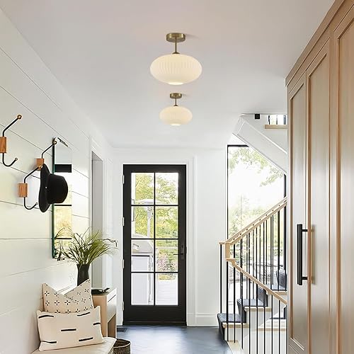 Miniatura 4 de Lámpara de techo semiempotrada de latón moderna de mediados de siglo, pequeña lámpara de techo de vidrio de leche acanalada, luz de techo empotrada