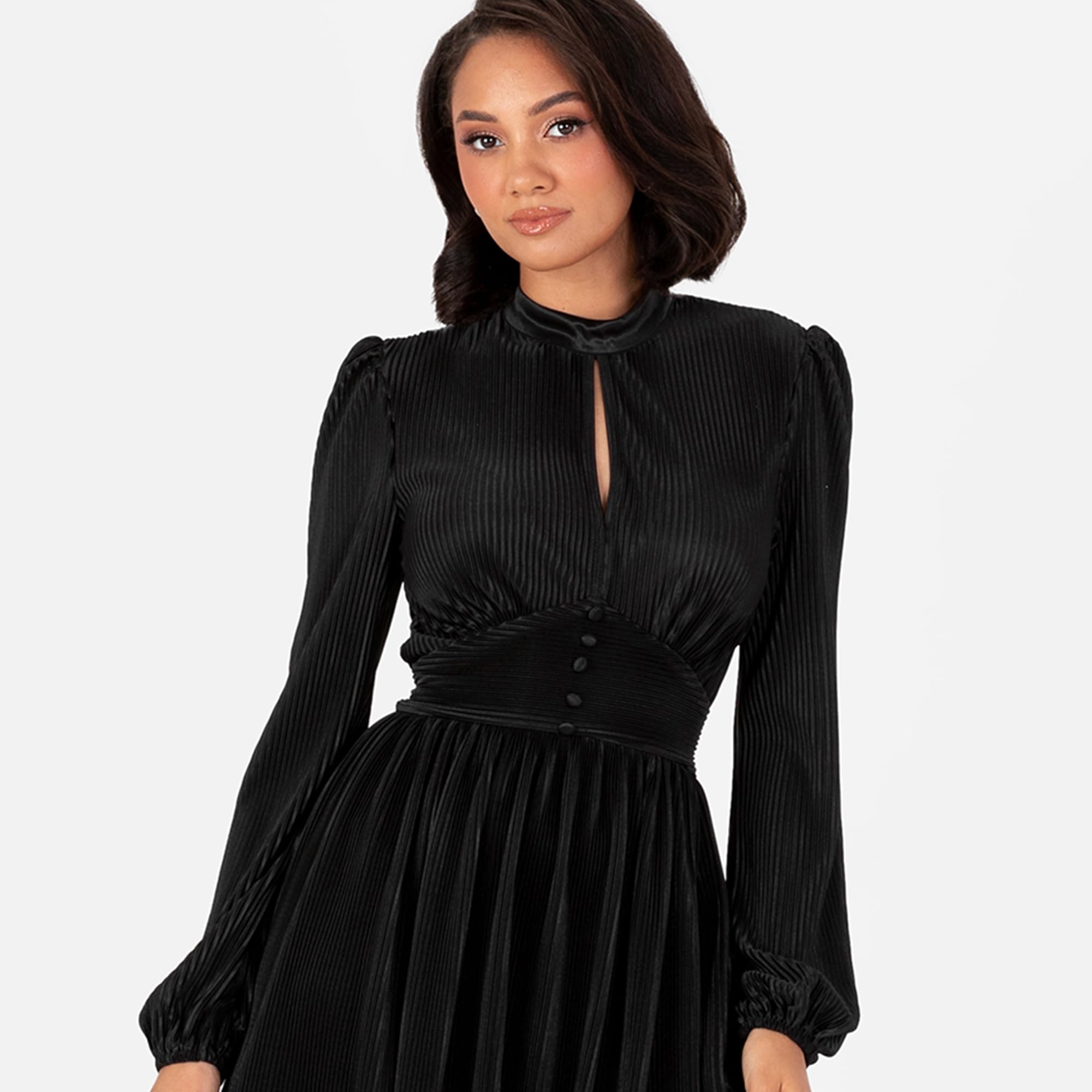 Lovedrobe Women's Mini Dress Ladies Long Balloon Sleeve High Neck Keyhole Detail Fit And Flare Plissé Cocktail Evening Occasion
