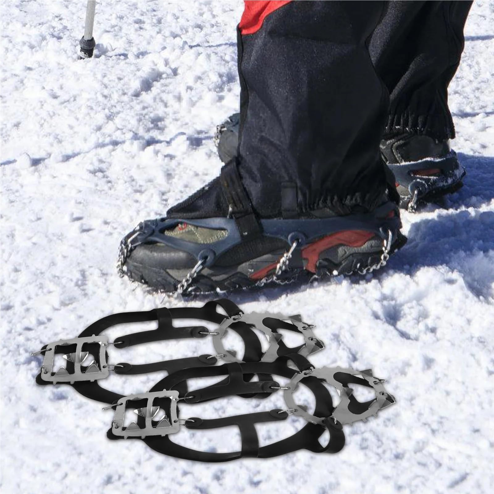 Grödel Stainless Steel Crampons 18 Teeth Design Anti Skid Lightweight Portable Ice Cleats for Outdoor Winter Shoes TPR Strap für Winterwanderungen