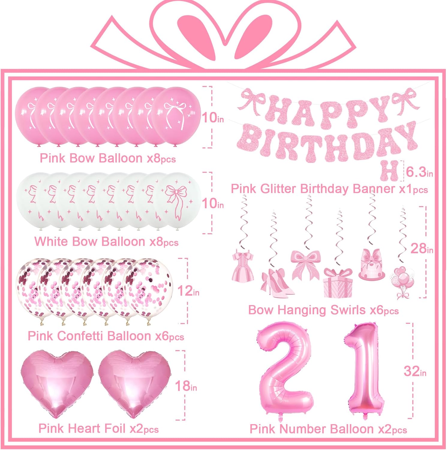 21st Birthday Decorations for Women, Pink Bow Coquette 21 Birthday Balloons Set,33 Pieces, Includes Banner, Hanging Swirls, Balloons, Perfect for Women's Party - Image 2