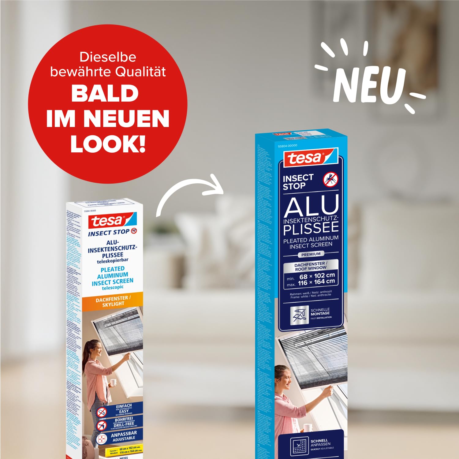 tesa Insect Stop Fliegengitter für Dachfenster Premium 116 cm x 164 cm Weiß | Alu-Insektenschutz-Plissee teleskopierbar - Montage ohne Bohren mit tesa Powerstrip - Insektenschutzrollo für Dachfenster